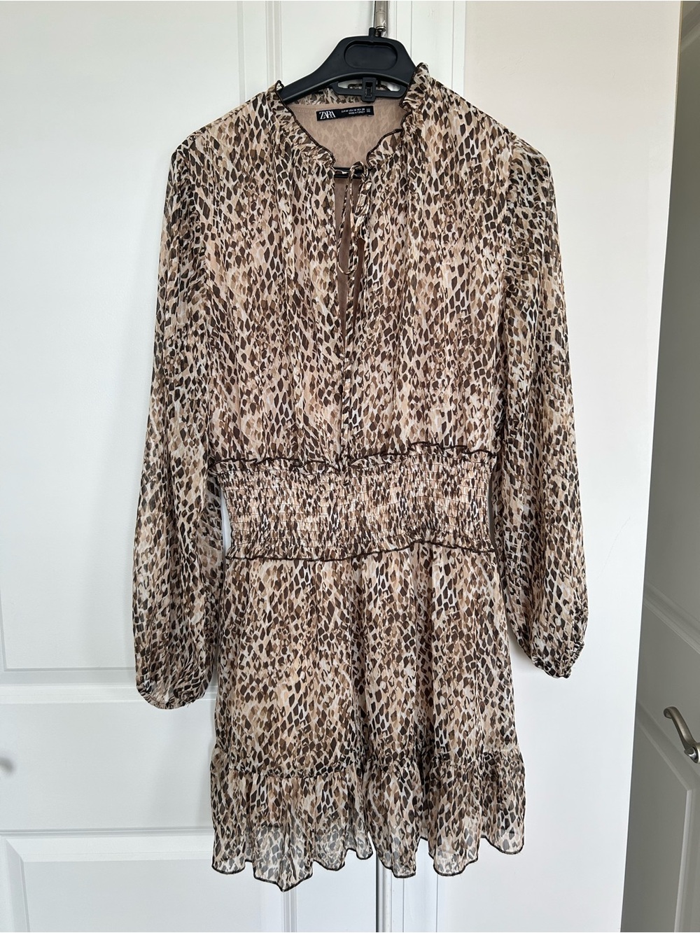 Zara Beige Brown Snake Print Long Sleeve Dress